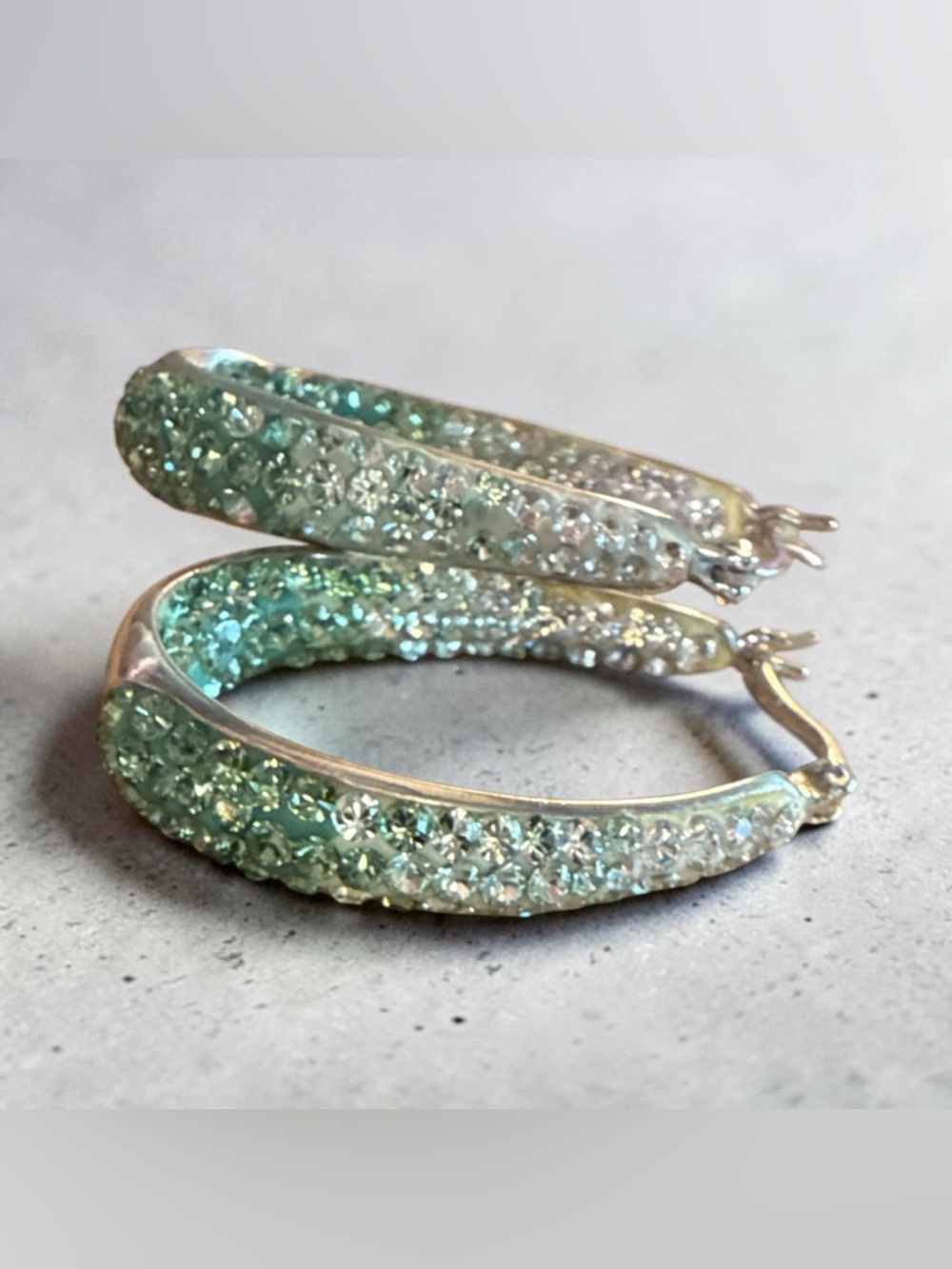.925 Sterling Sliver Teardrop Hoop Earrings with Green & Blue Crystals - - Picture 2 of 2